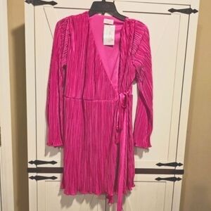 Pink Lily Hot Pink Pleated Wrap Dress